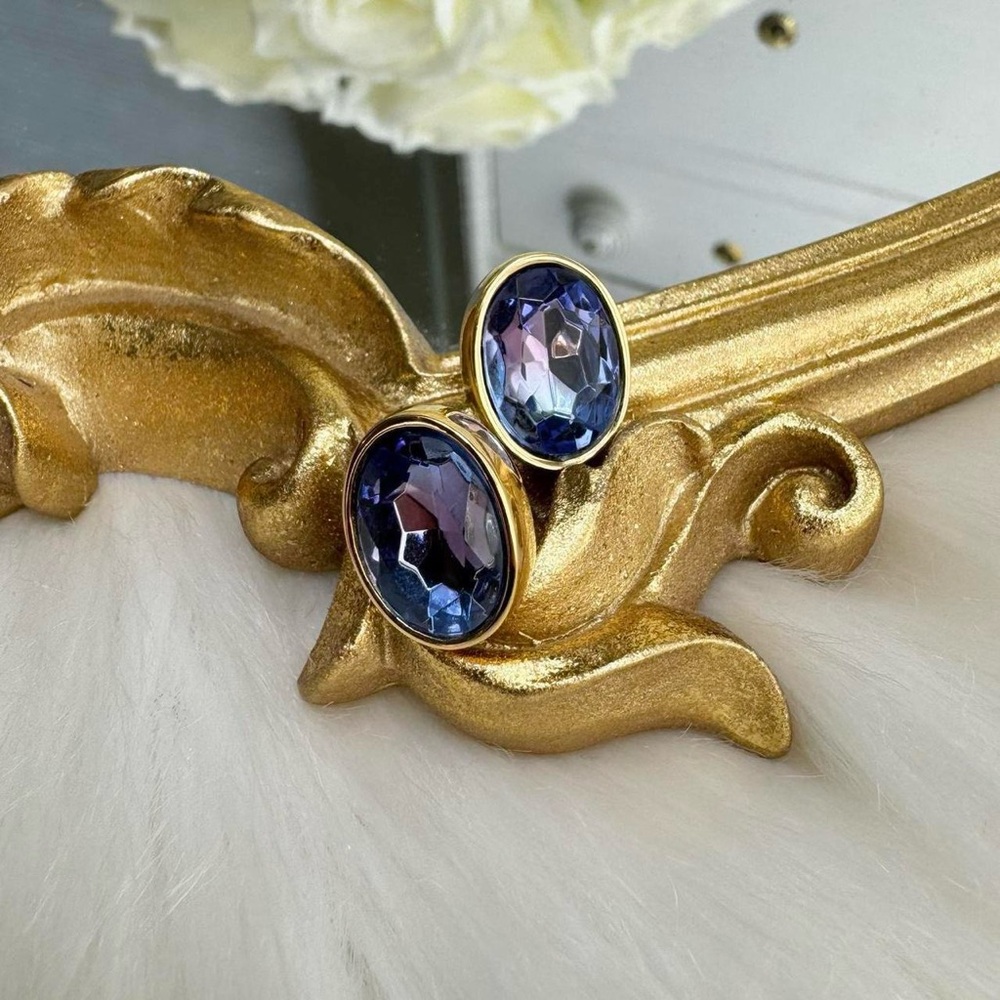 Vintage Givenchy Periwinkle Gold Oval Pierced Stud Earrings